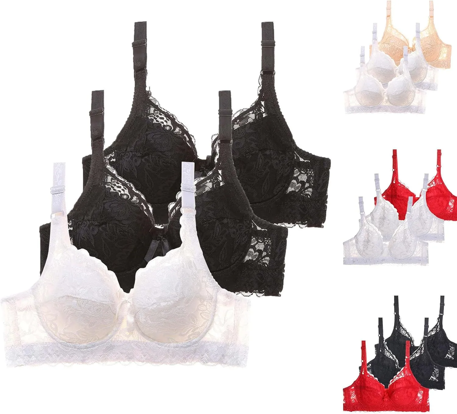 3 Pack Lace Bras for Women Underwire Push Up Adjustable Straps Bras Sexy Full Coverage Comfort Everyday Bralettes