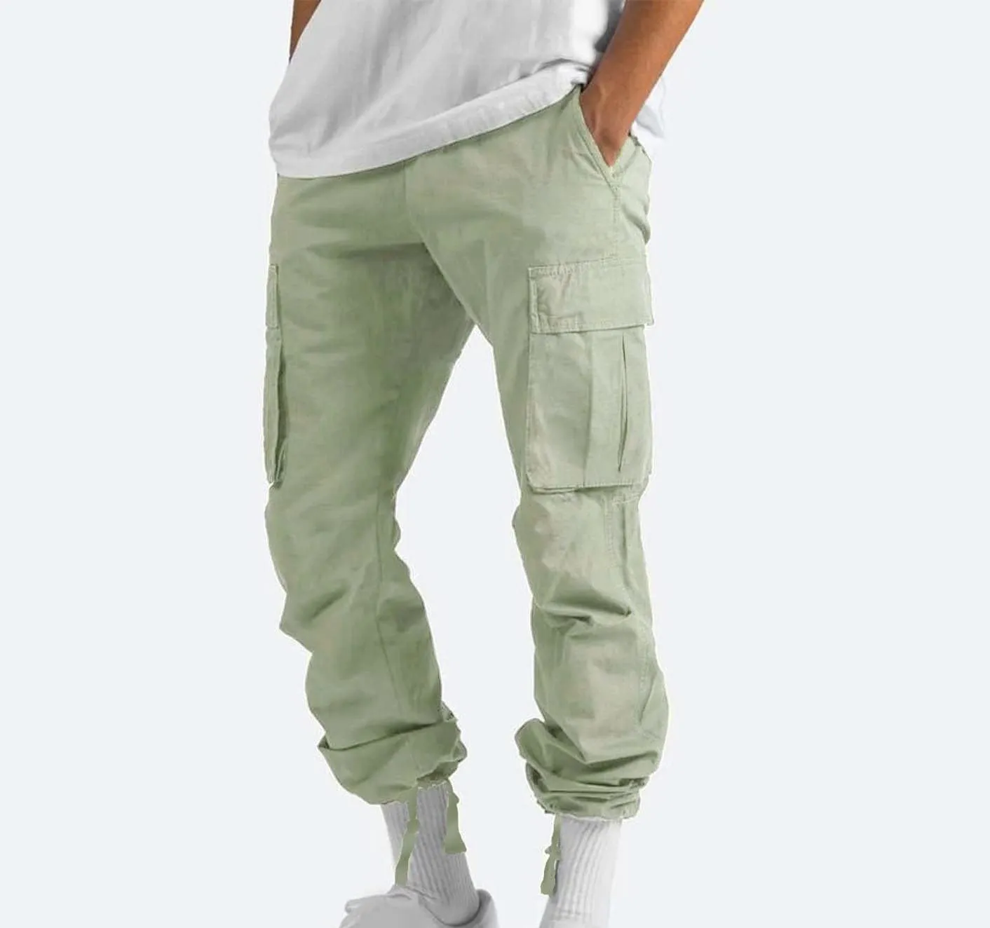 Aymnlox Mens Cargo Pants Casual Drawstring Elastic Waist Cotton Trousers Solid Fashion Hiking Jogger Pants with Multi Pockets