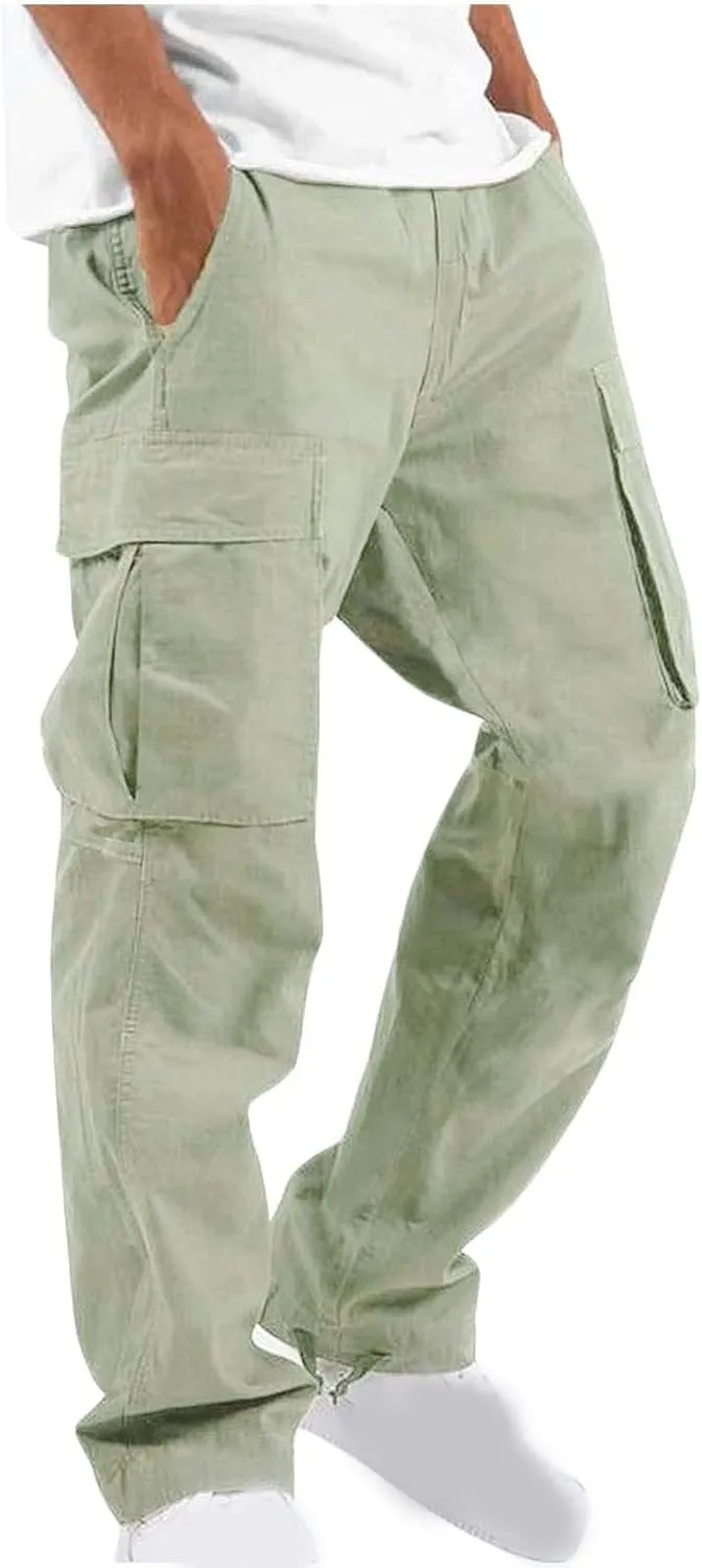 Aymnlox Mens Cargo Pants Casual Drawstring Elastic Waist Cotton Trousers Solid Fashion Hiking Jogger Pants with Multi Pockets