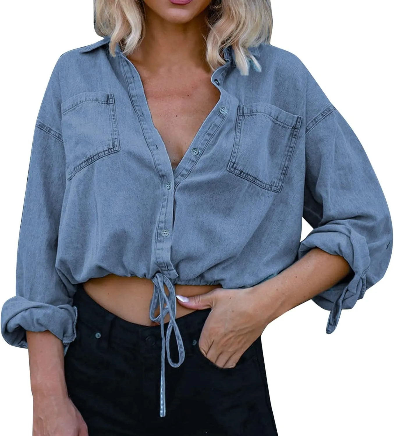 Denim Shirt Women Women Compression Long Sleeve Drawstring Cropped Fitness Hoodie Sweatshirts Jacket For Women