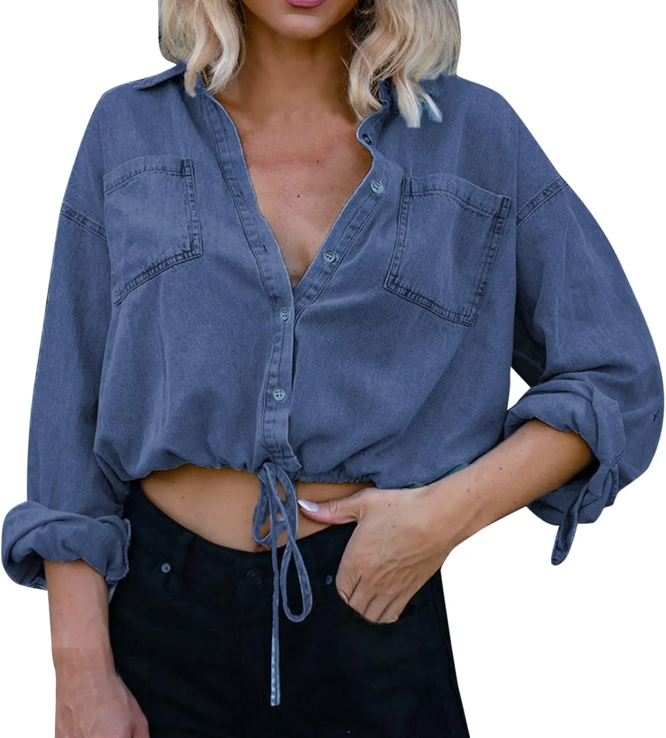 Denim Shirt Women Women Compression Long Sleeve Drawstring Cropped Fitness Hoodie Sweatshirts Jacket For Women