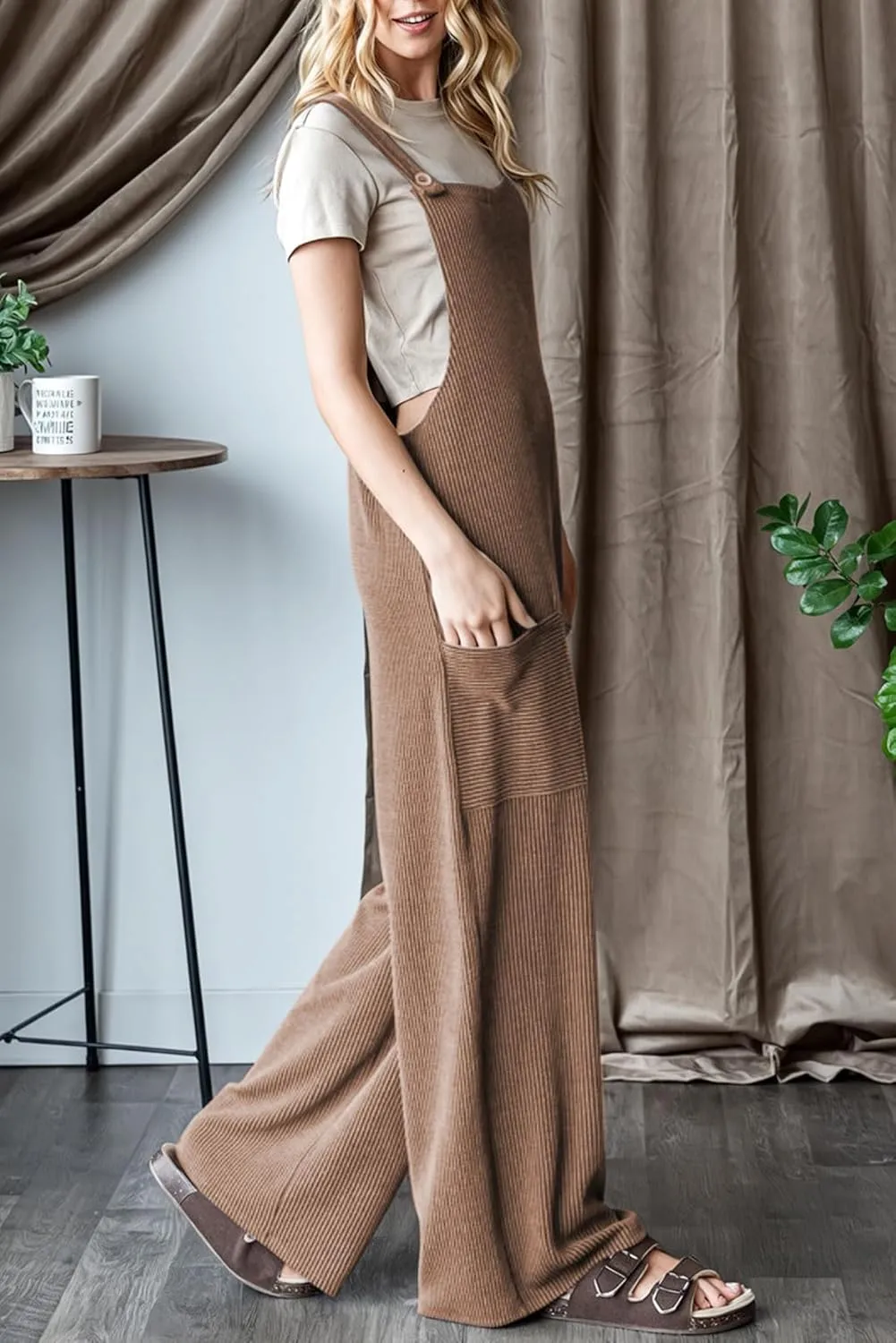 Dokotoo Women's Casual Jumpsuits Ribbed Front Pocket Loose Overalls One Piece Sleeveless Wide Leg Long Pant Rompers