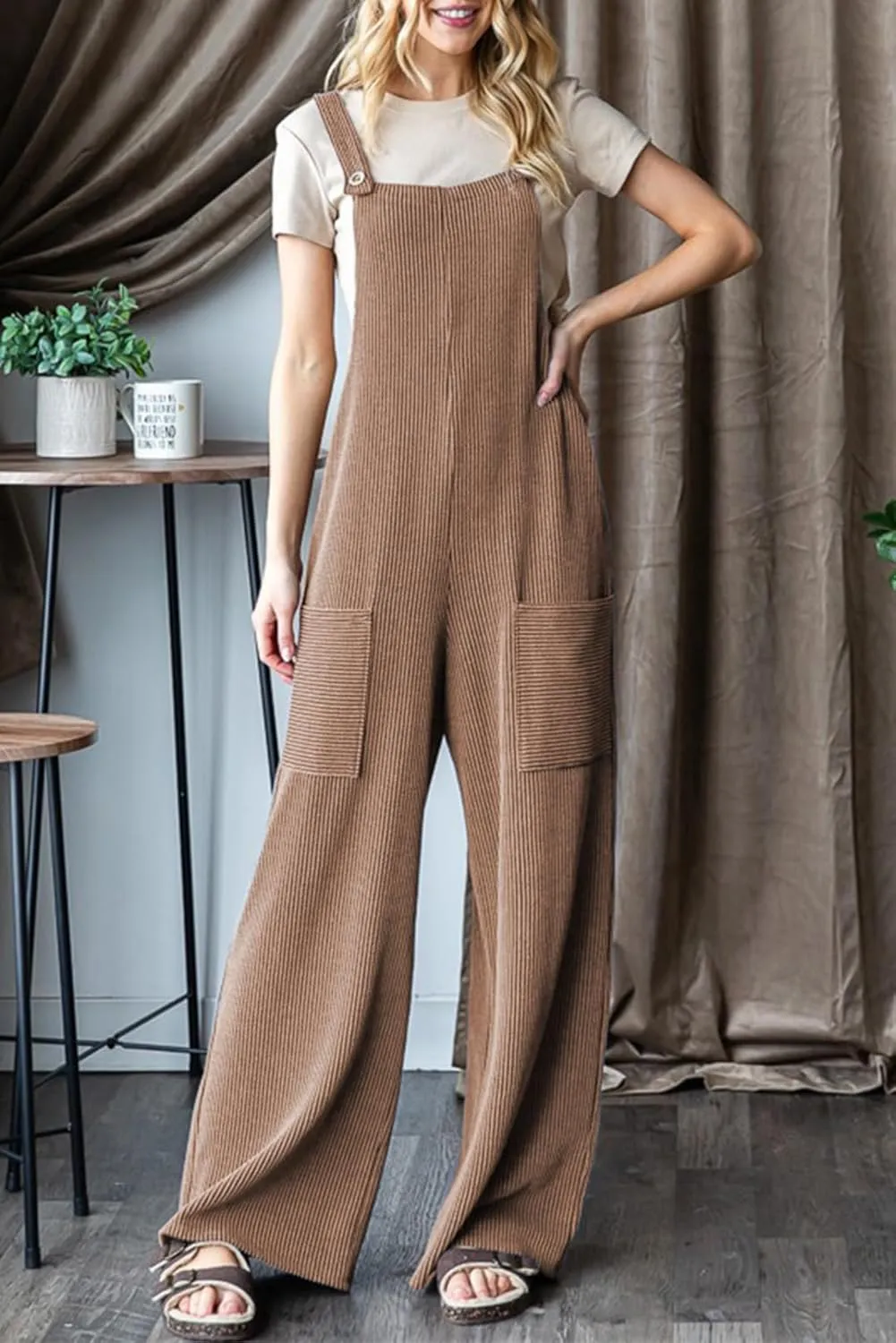 Dokotoo Women's Casual Jumpsuits Ribbed Front Pocket Loose Overalls One Piece Sleeveless Wide Leg Long Pant Rompers