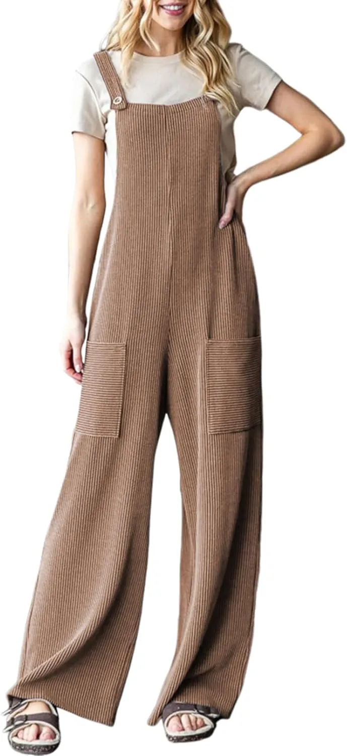 Dokotoo Women's Casual Jumpsuits Ribbed Front Pocket Loose Overalls One Piece Sleeveless Wide Leg Long Pant Rompers
