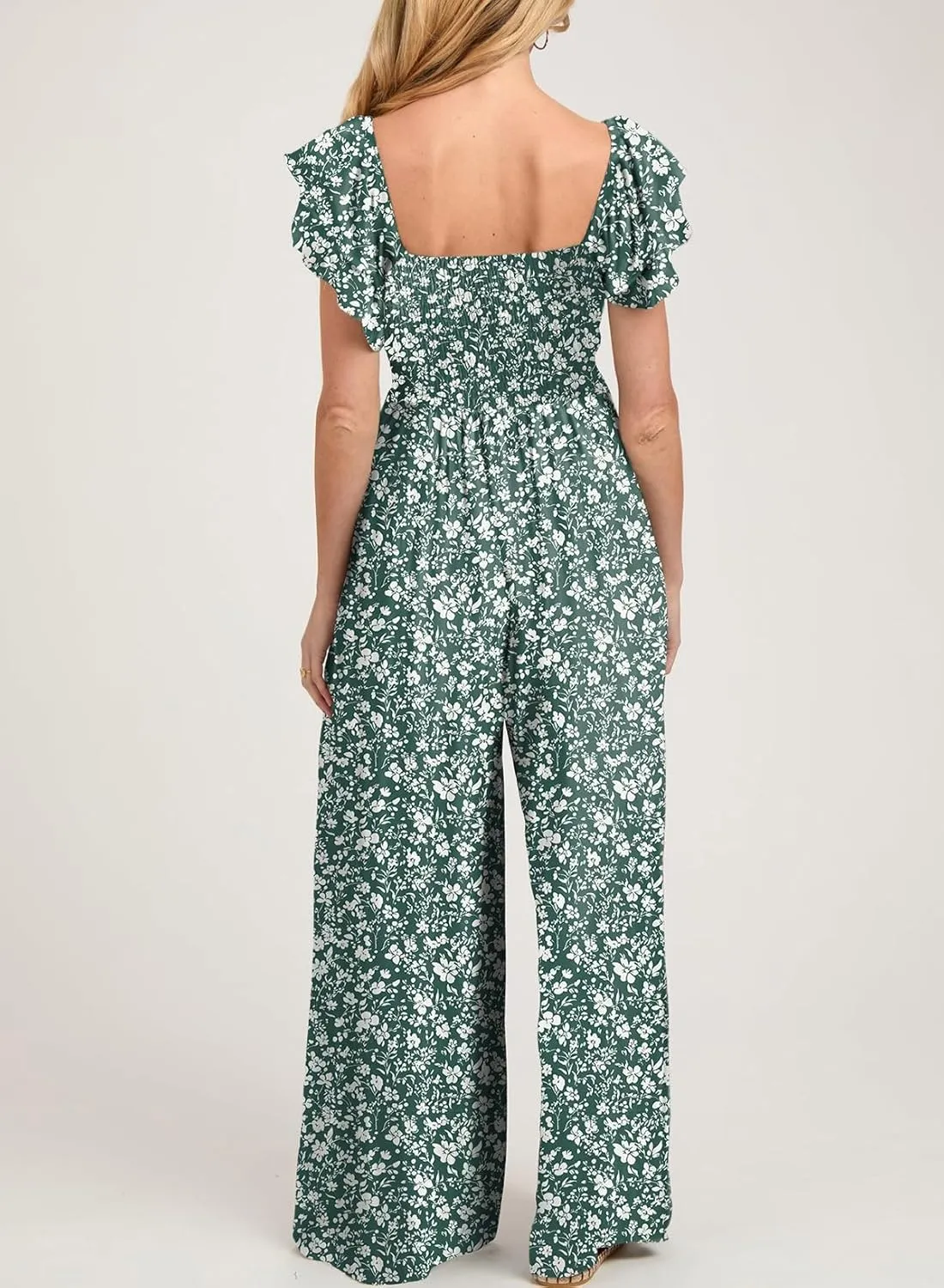 Dokotoo Women's Casual Loose Overalls Jumpsuits One Piece Ruffle Short Sleevel Printed Wide Leg Long Pant With Pockets