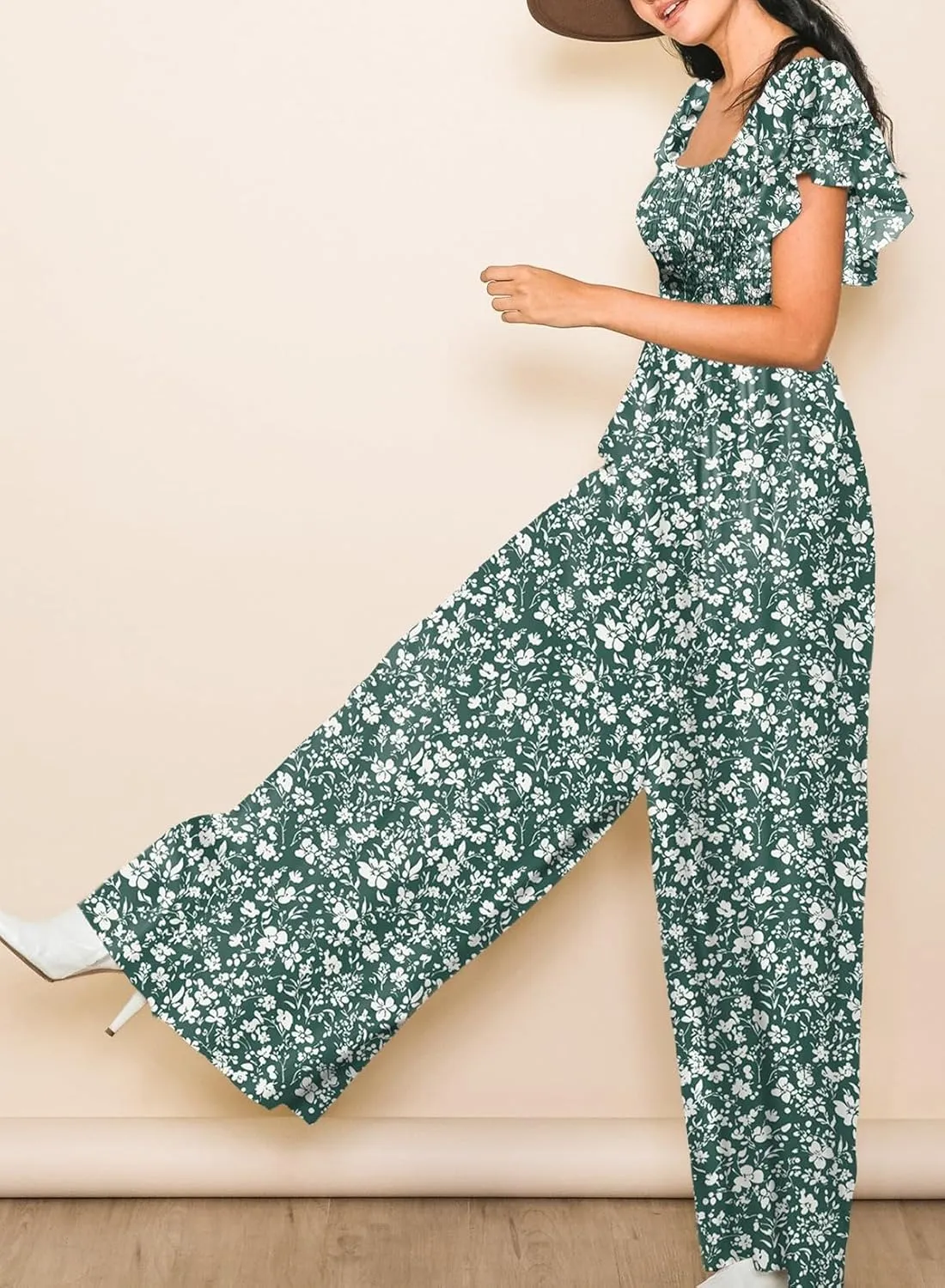 Dokotoo Women's Casual Loose Overalls Jumpsuits One Piece Ruffle Short Sleevel Printed Wide Leg Long Pant With Pockets