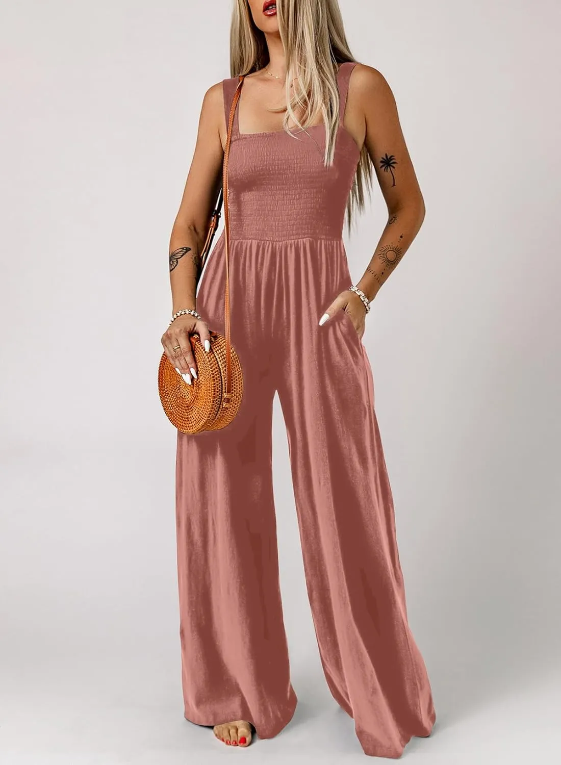 Dokotoo Women's Casual Loose Overalls Jumpsuits One Piece Sleeveless Wide Leg Long Pant Rompers With Pockets