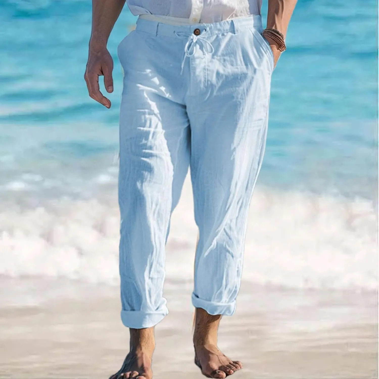 evzosrz Mens Casual Linen Pants Lightweight Elastic Drawstring Waist Long Pants Loose Fit Hippie Straight Yoga Beach Trousers