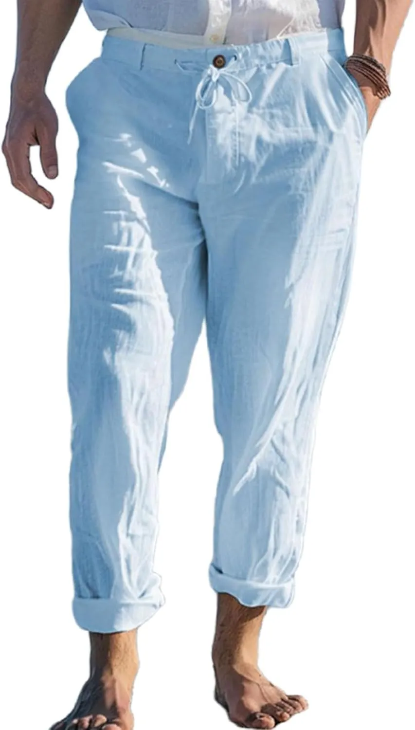 evzosrz Mens Casual Linen Pants Lightweight Elastic Drawstring Waist Long Pants Loose Fit Hippie Straight Yoga Beach Trousers
