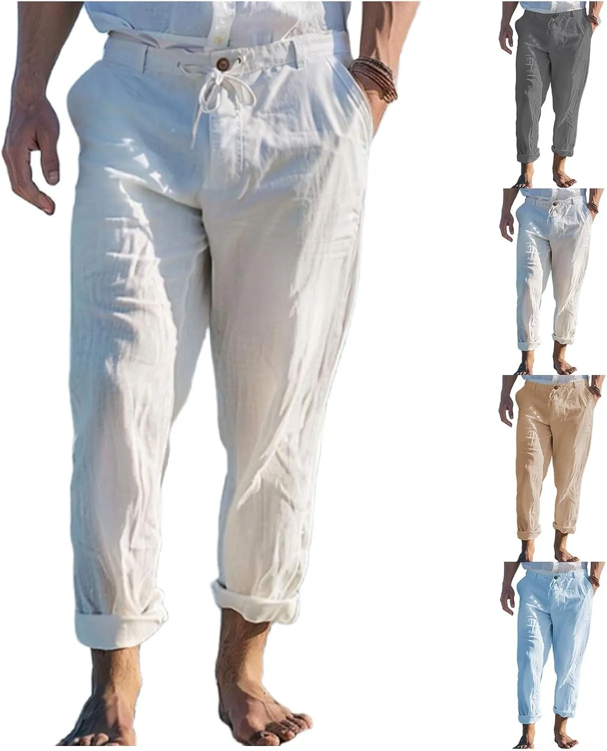 evzosrz Mens Casual Linen Pants Lightweight Elastic Drawstring Waist Long Pants Loose Fit Hippie Straight Yoga Beach Trousers