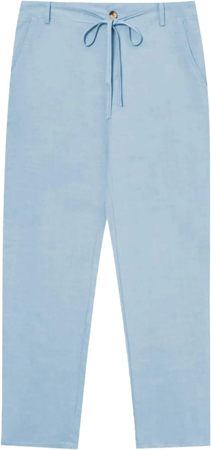 evzosrz Mens Casual Linen Pants Lightweight Elastic Drawstring Waist Long Pants Loose Fit Hippie Straight Yoga Beach Trousers