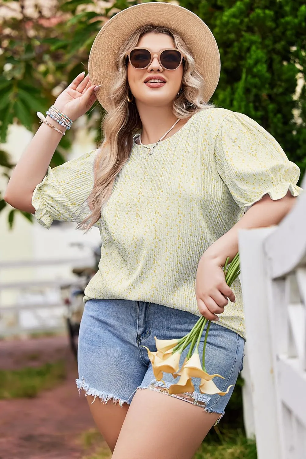 IN'VOLAND Plus Size Womens Summer Shirt Floral Tops Crewneck Casual Short Sleeve Babydoll Blouses