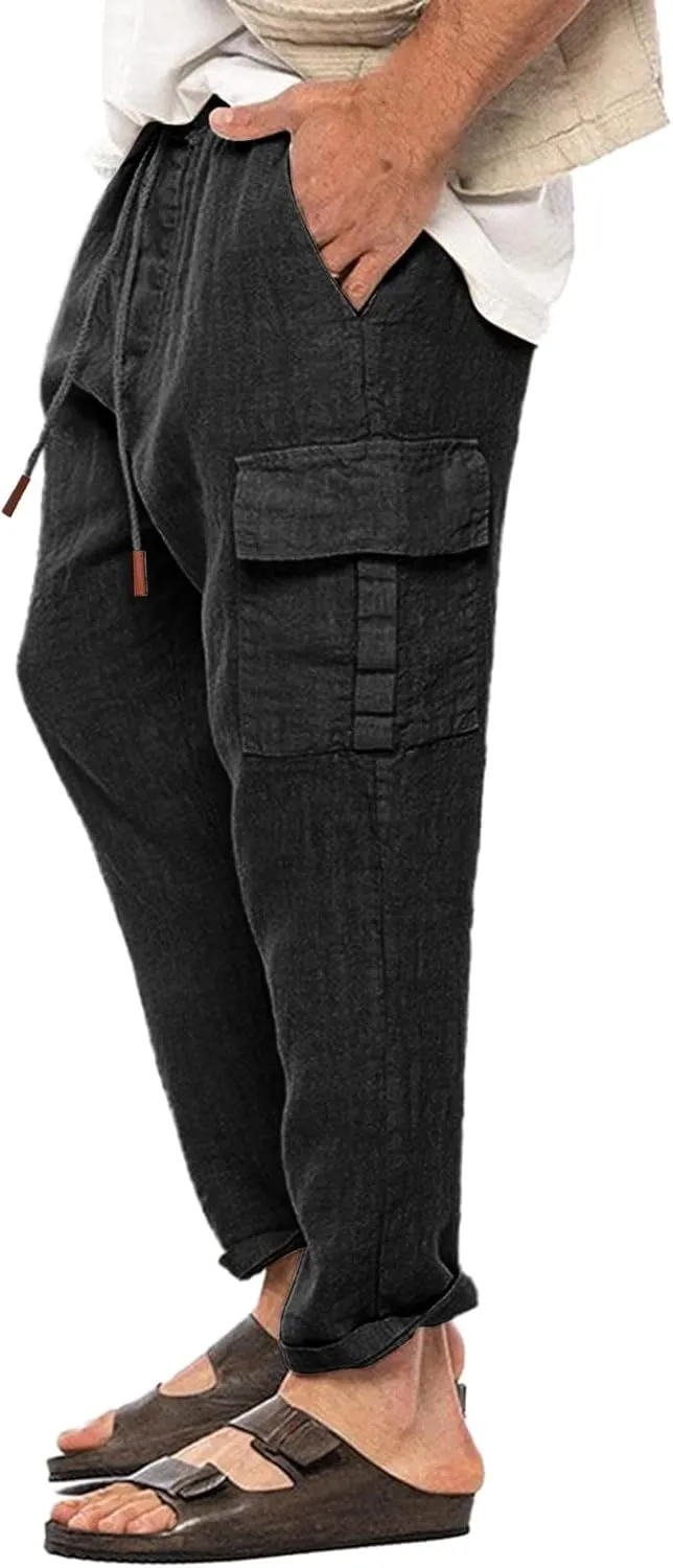Men's Cargo Linen Pants Casual Drawstring Summer Beach Pants Elastic Waist Lounge Trousers with Pockets