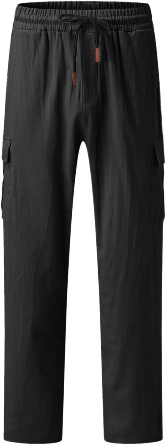 Men's Cargo Linen Pants Casual Drawstring Summer Beach Pants Elastic Waist Lounge Trousers with Pockets