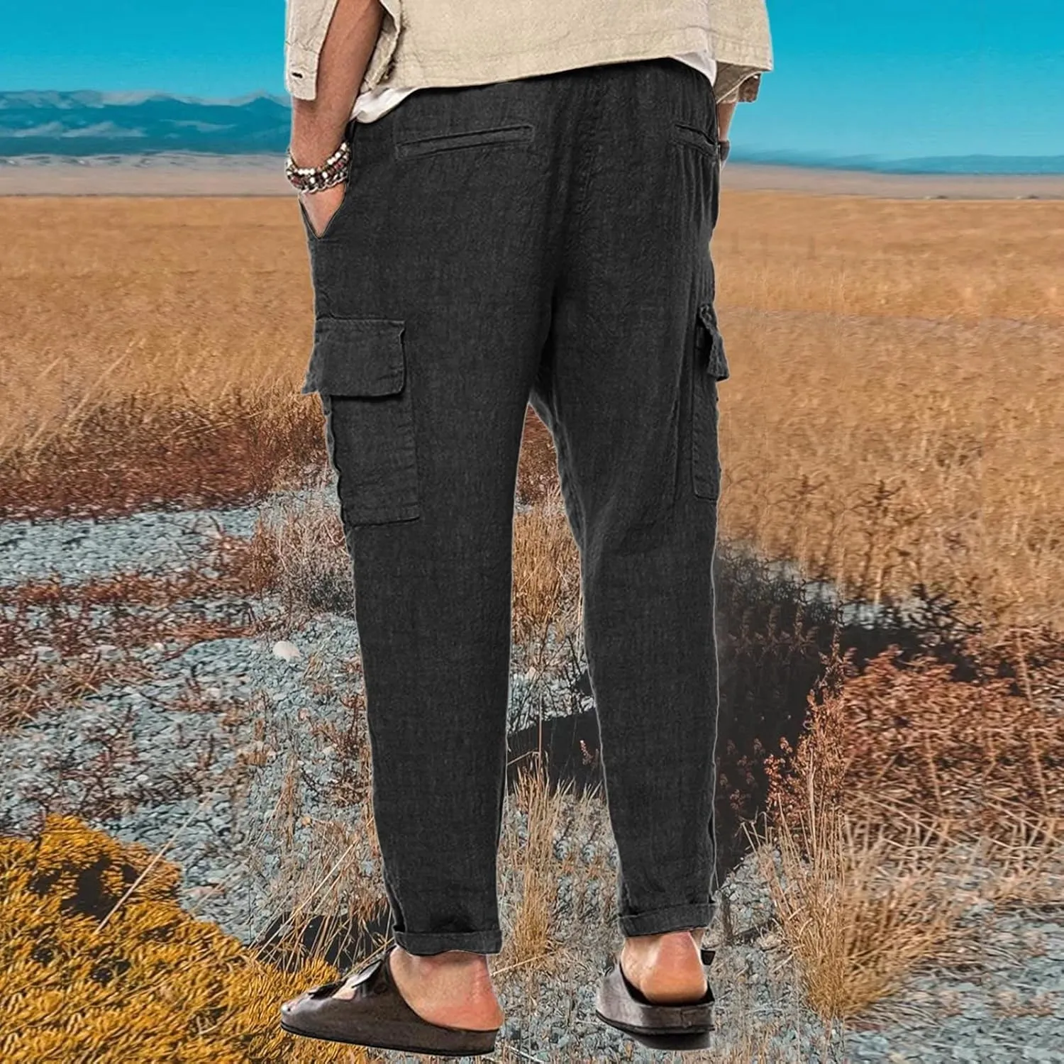 Men's Cargo Linen Pants Casual Drawstring Summer Beach Pants Elastic Waist Lounge Trousers with Pockets