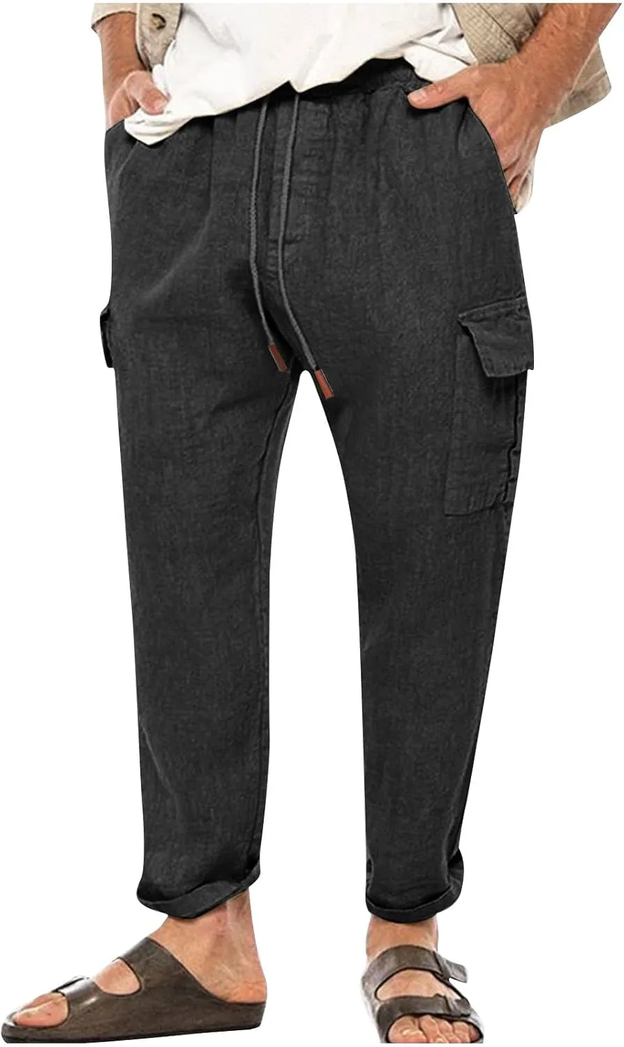 Men's Cargo Linen Pants Casual Drawstring Summer Beach Pants Elastic Waist Lounge Trousers with Pockets