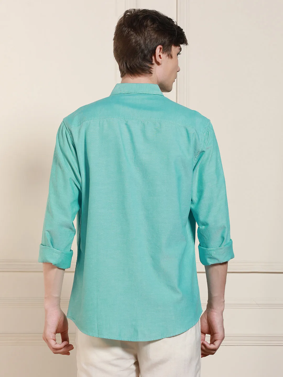 Men's Green Cotton Solid Spread Collar Casual Shirt