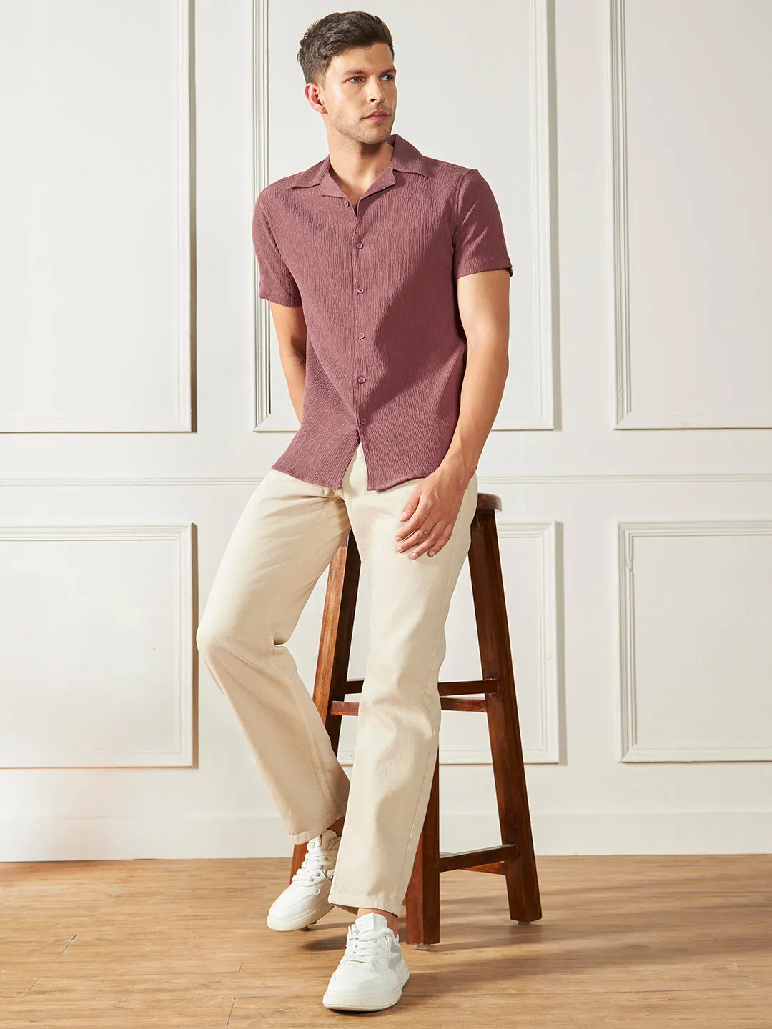 Men's Rust Textured Cuban Collar Cotton Poly Casual Shirt
