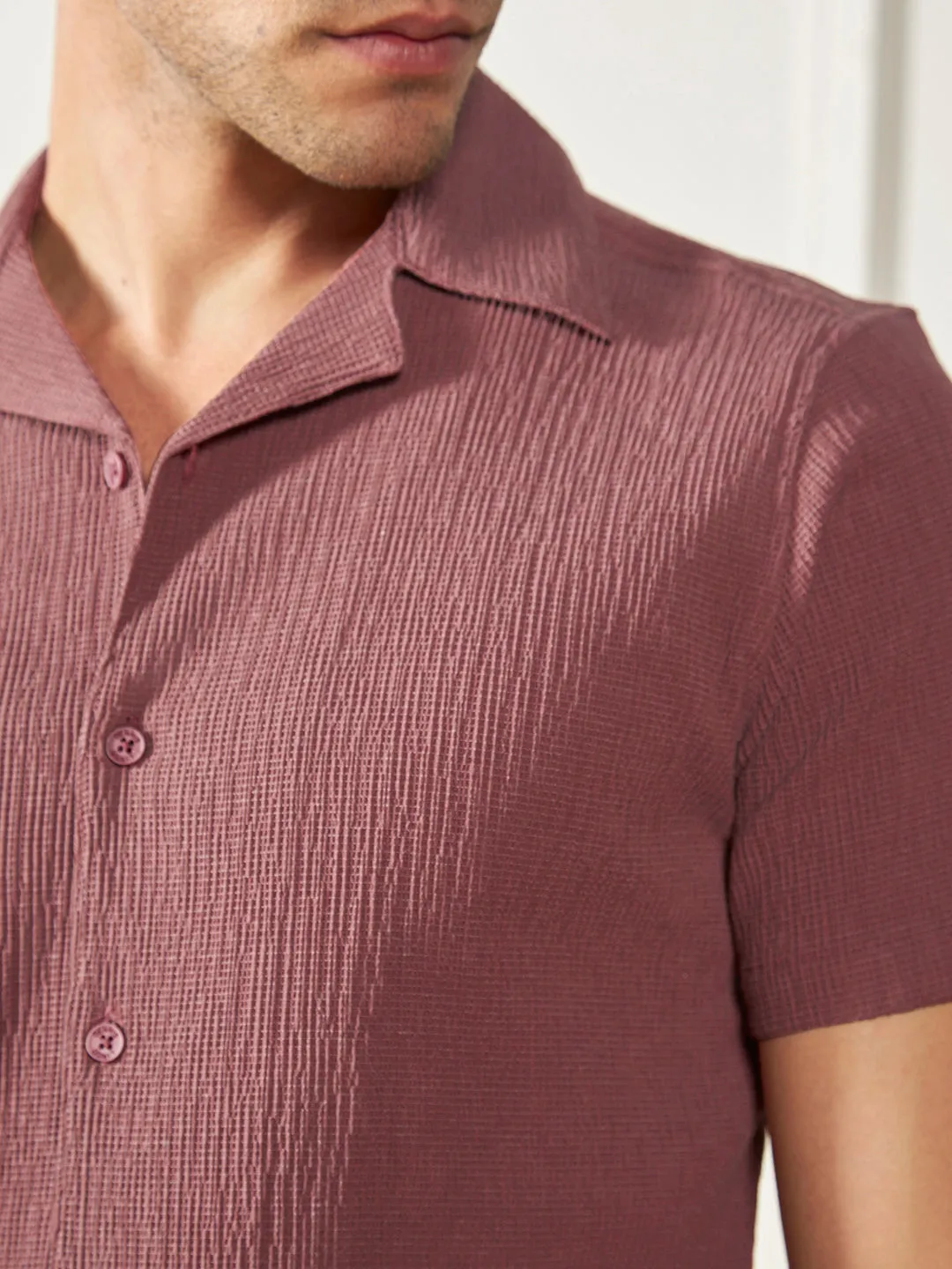 Men's Rust Textured Cuban Collar Cotton Poly Casual Shirt