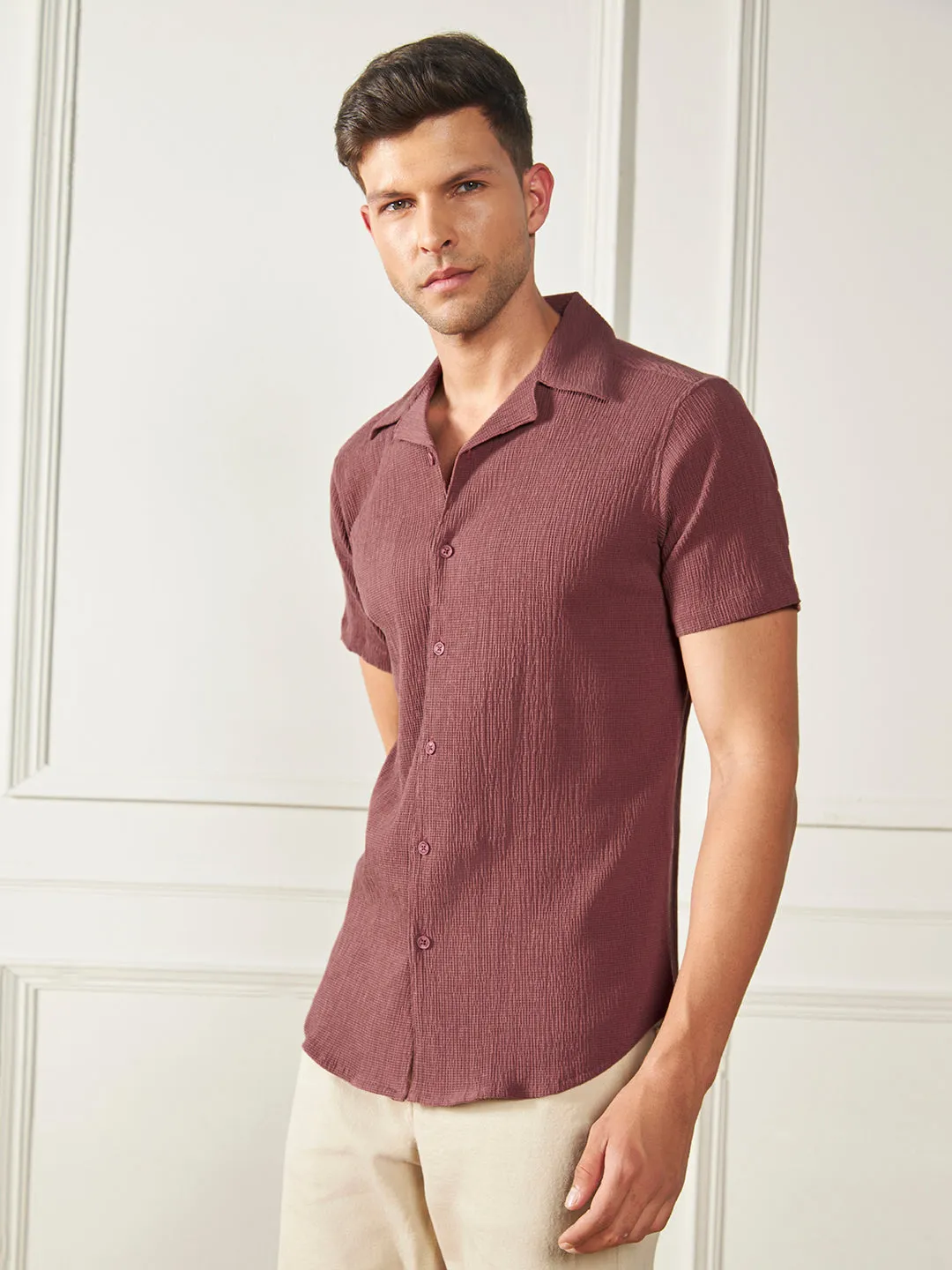 Men's Rust Textured Cuban Collar Cotton Poly Casual Shirt
