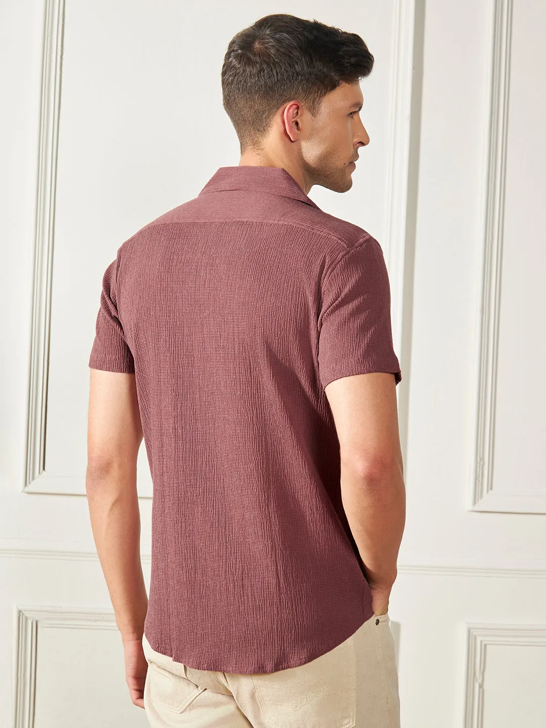 Men's Rust Textured Cuban Collar Cotton Poly Casual Shirt