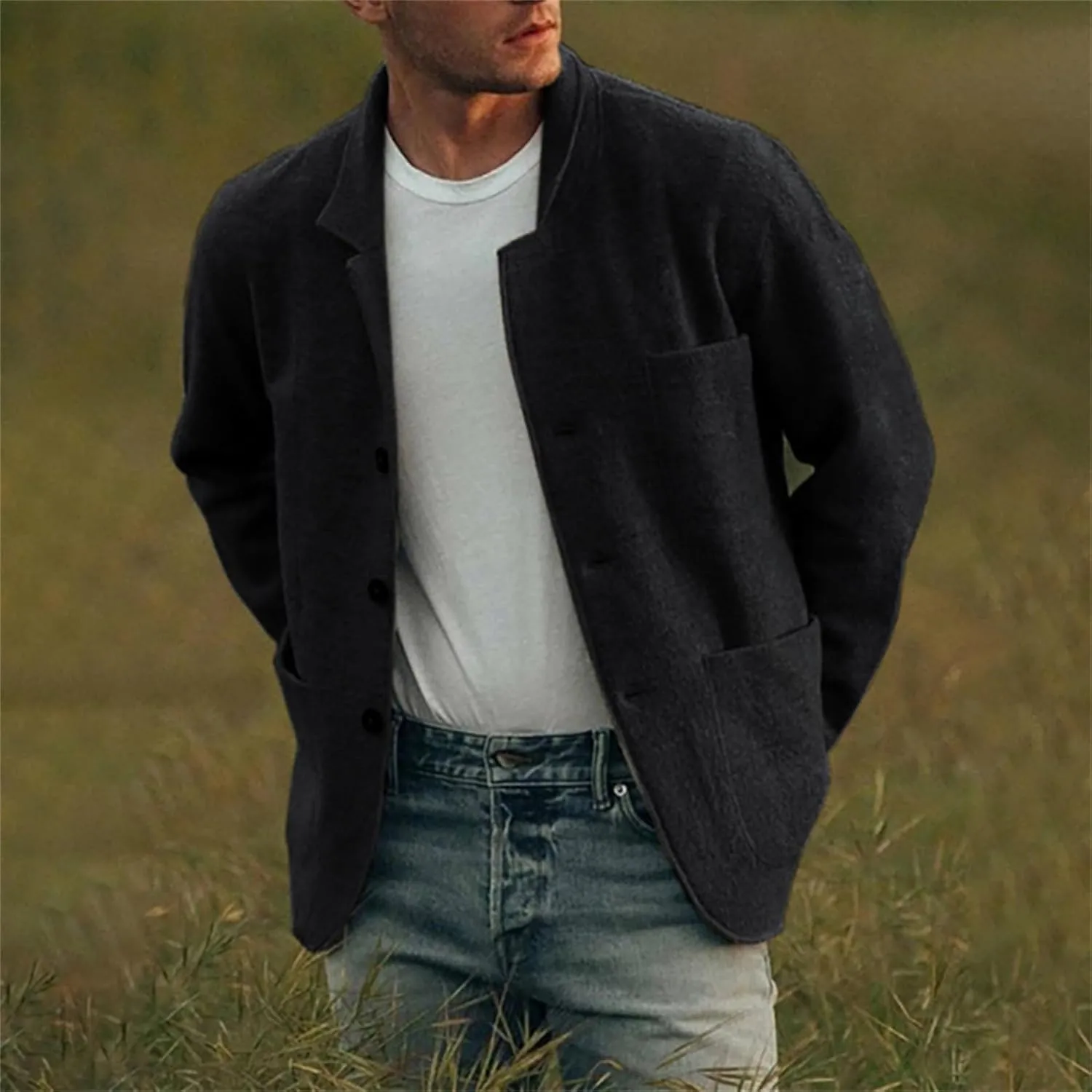 Mens Wool Blend Jacket Lightweight Casual Outwear Notch Lapel Shacket Jacket Single Breasted Coat with Pockets