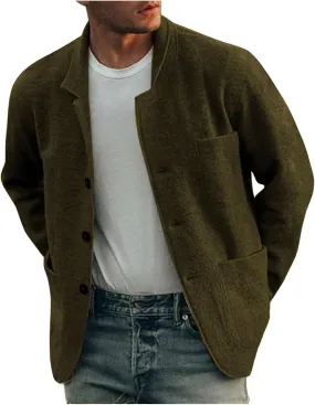 Mens Wool Blend Jacket Lightweight Casual Outwear Notch Lapel Shacket Jacket Single Breasted Coat with Pockets