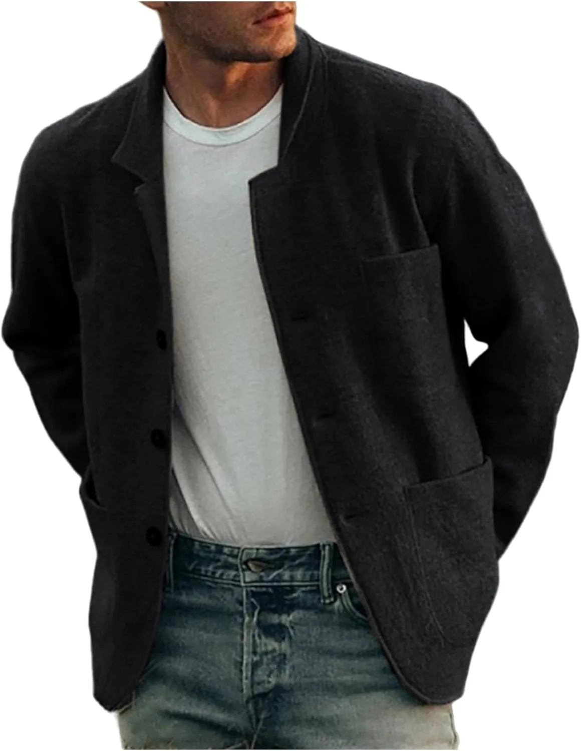 Mens Wool Blend Jacket Lightweight Casual Outwear Notch Lapel Shacket Jacket Single Breasted Coat with Pockets