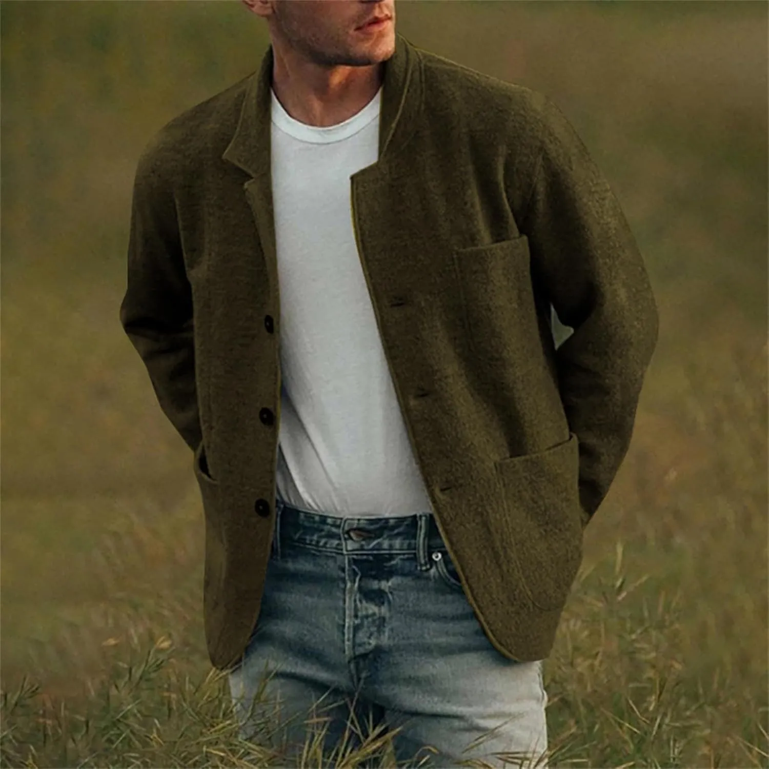 Mens Wool Blend Jacket Lightweight Casual Outwear Notch Lapel Shacket Jacket Single Breasted Coat with Pockets