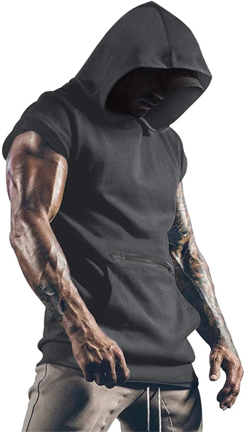 Men's Workout Hooded Tank Tops Sleeveless Gym Hoodies Bodybuilding Muscle Cut Off T Shirt Athletic Tees with Pockets