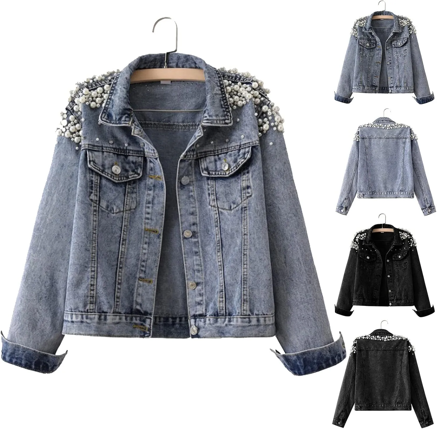 Pearls Denim Jacket For Women Long Sleeve Plus Size flower trendy Basic Lapel Lightweight Trucker Coat