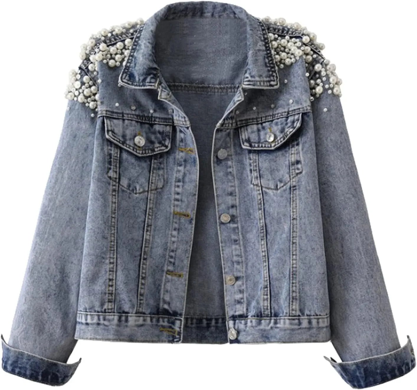 Pearls Denim Jacket For Women Long Sleeve Plus Size flower trendy Basic Lapel Lightweight Trucker Coat