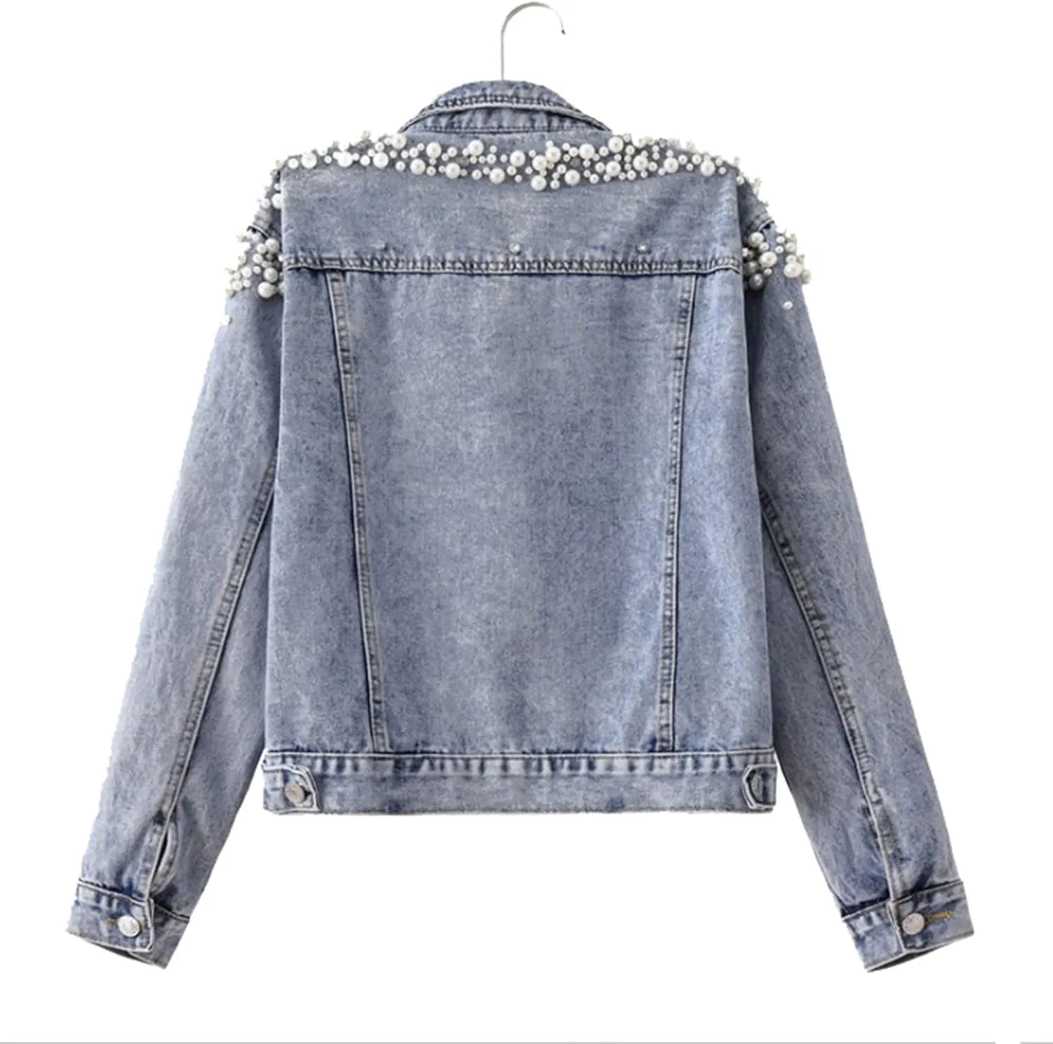 Pearls Denim Jacket For Women Long Sleeve Plus Size flower trendy Basic Lapel Lightweight Trucker Coat