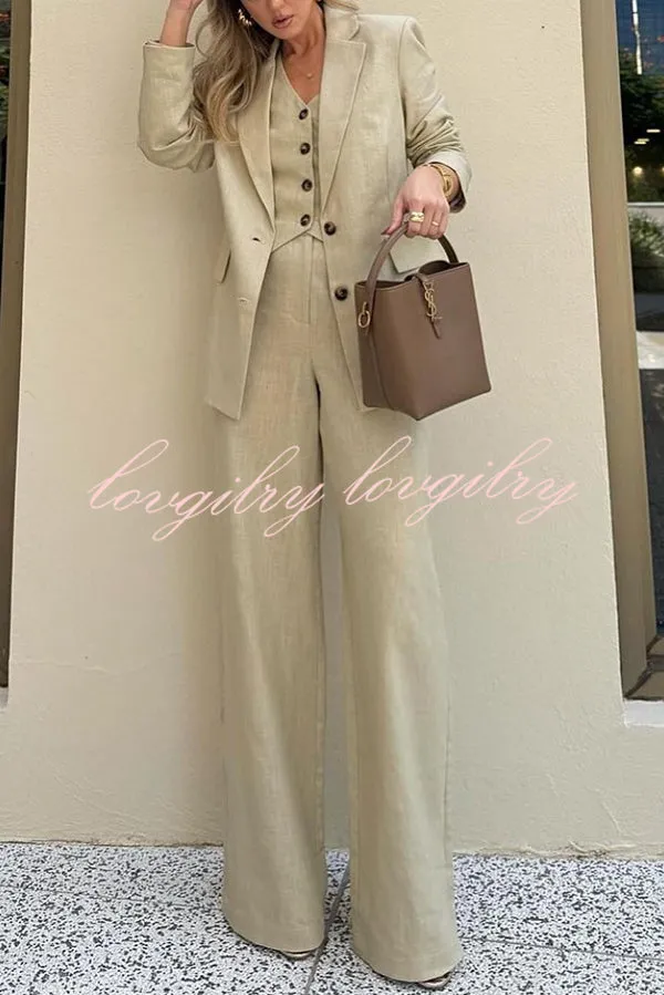 Solid Color Lapel Blazer   Slim Waistcoat and Pocket Wide-leg Pants Three-piece Set