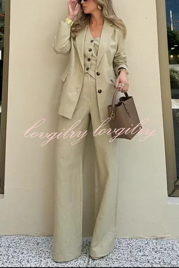 Solid Color Lapel Blazer   Slim Waistcoat and Pocket Wide-leg Pants Three-piece Set