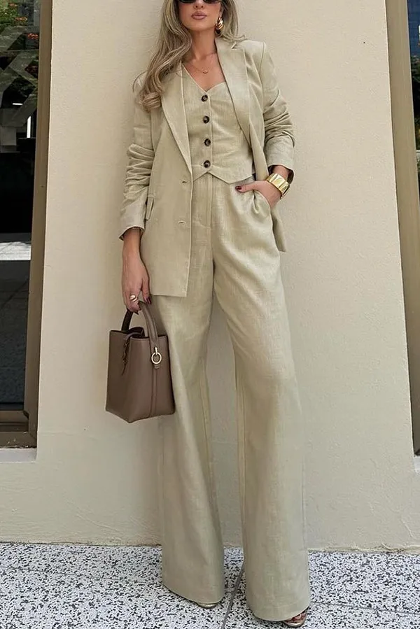 Solid Color Lapel Blazer   Slim Waistcoat and Pocket Wide-leg Pants Three-piece Set