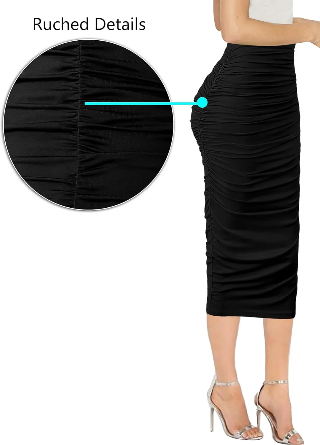 VFSHOW Womens Ruched Ruffle High Waist Casual Wok Office Party Slim Fitted Bodycon Pencil Midi Mid-Calf Skirt