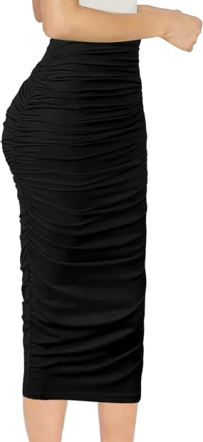 VFSHOW Womens Ruched Ruffle High Waist Casual Wok Office Party Slim Fitted Bodycon Pencil Midi Mid-Calf Skirt
