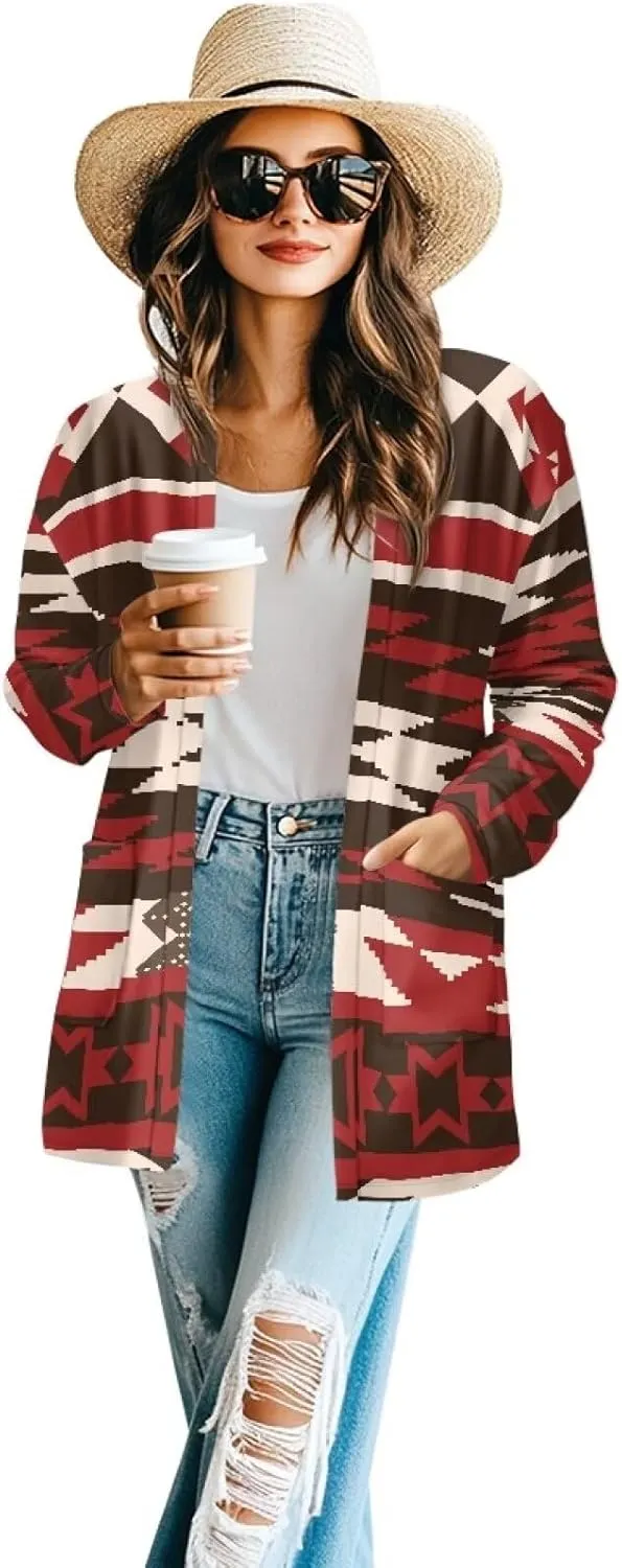 Woman Western Style Aztec Cardigan Long Sleeve Geometric Aztec Print Casual Lightweight Open Front Cardigan Coat