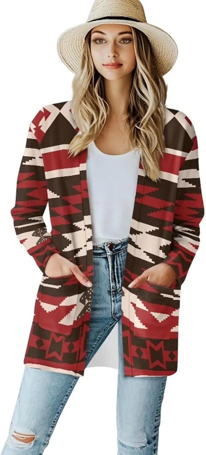 Woman Western Style Aztec Cardigan Long Sleeve Geometric Aztec Print Casual Lightweight Open Front Cardigan Coat