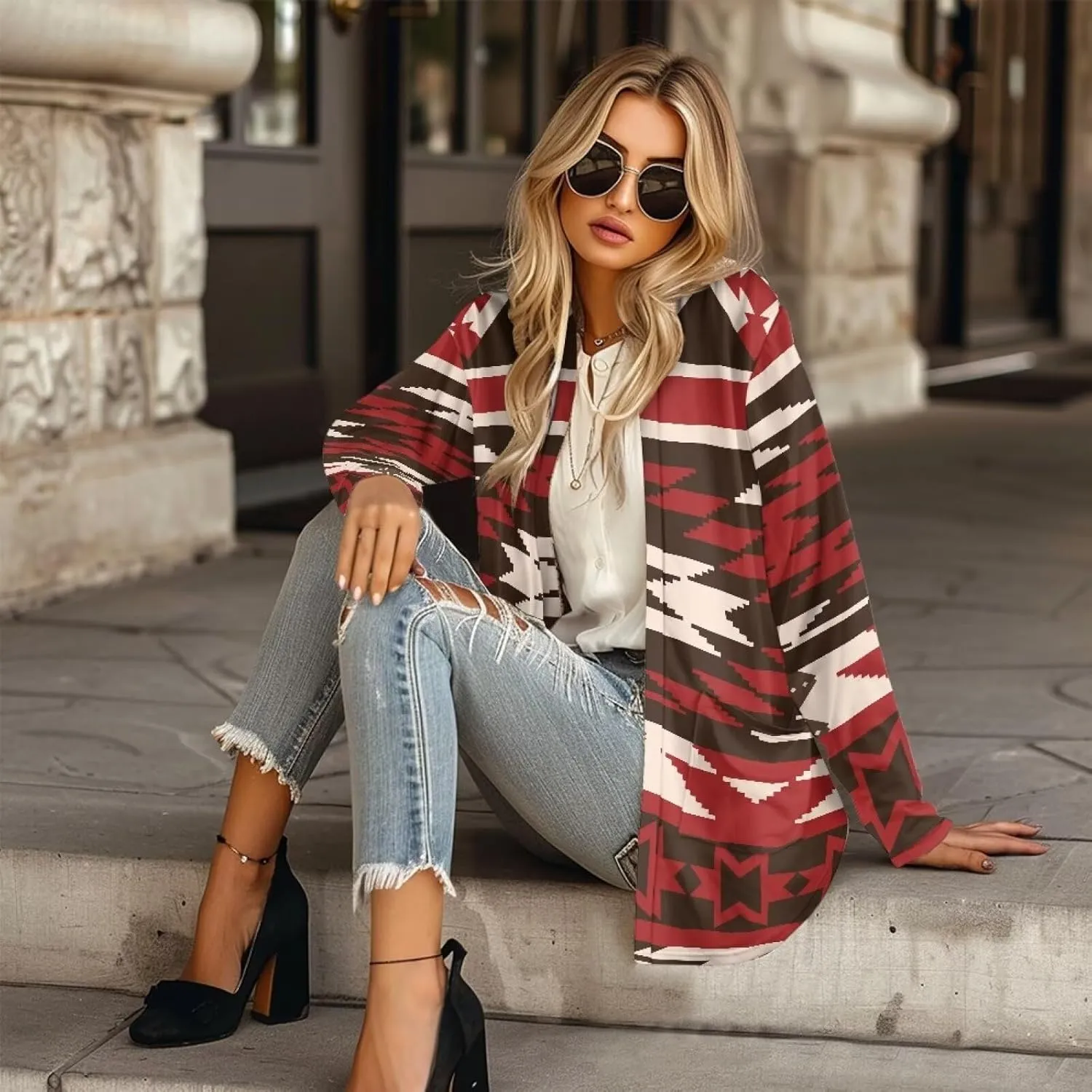 Woman Western Style Aztec Cardigan Long Sleeve Geometric Aztec Print Casual Lightweight Open Front Cardigan Coat