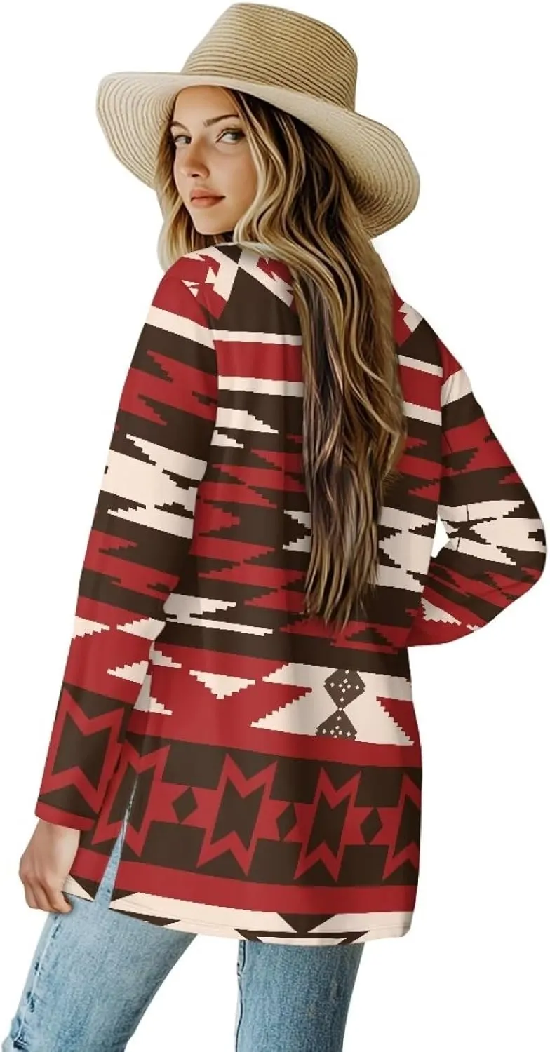Woman Western Style Aztec Cardigan Long Sleeve Geometric Aztec Print Casual Lightweight Open Front Cardigan Coat