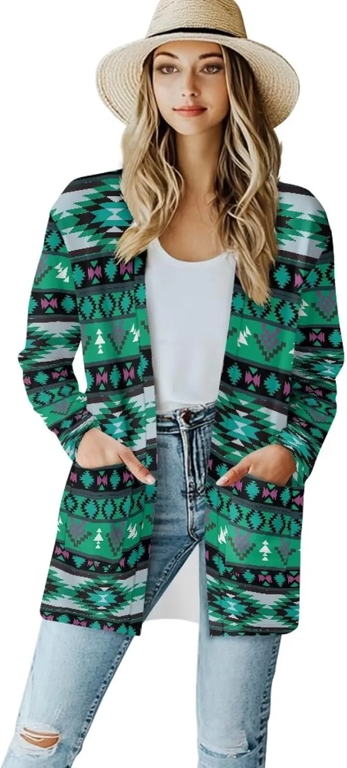 Women Open Front Ethnic Style Aztec Cardigan Tribal Aztec Printed Long Sleeve Casual Loose Coat