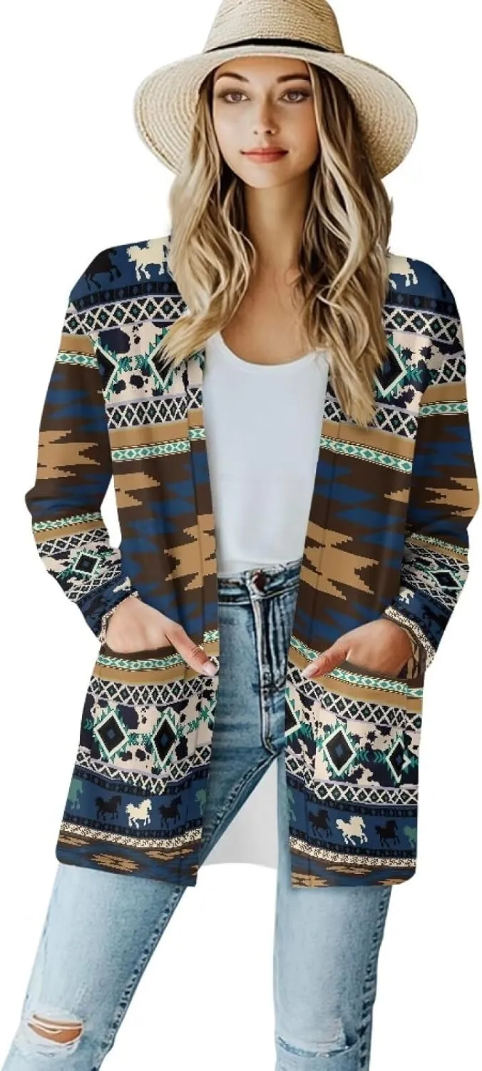 Women Open Front Ethnic Style Aztec Cardigan Tribal Aztec Printed Long Sleeve Casual Loose Coat