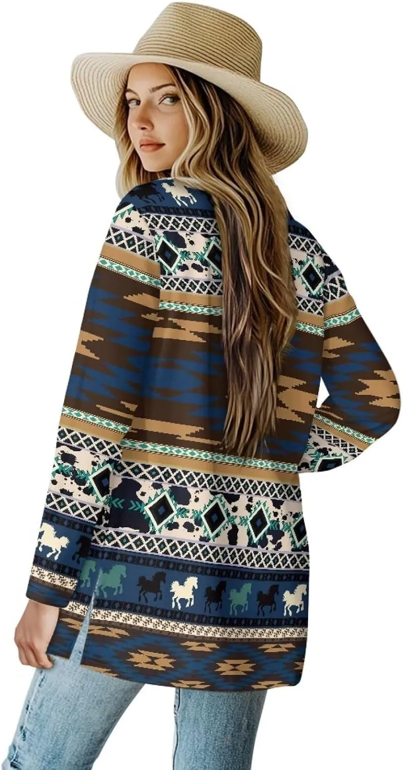 Women Open Front Ethnic Style Aztec Cardigan Tribal Aztec Printed Long Sleeve Casual Loose Coat
