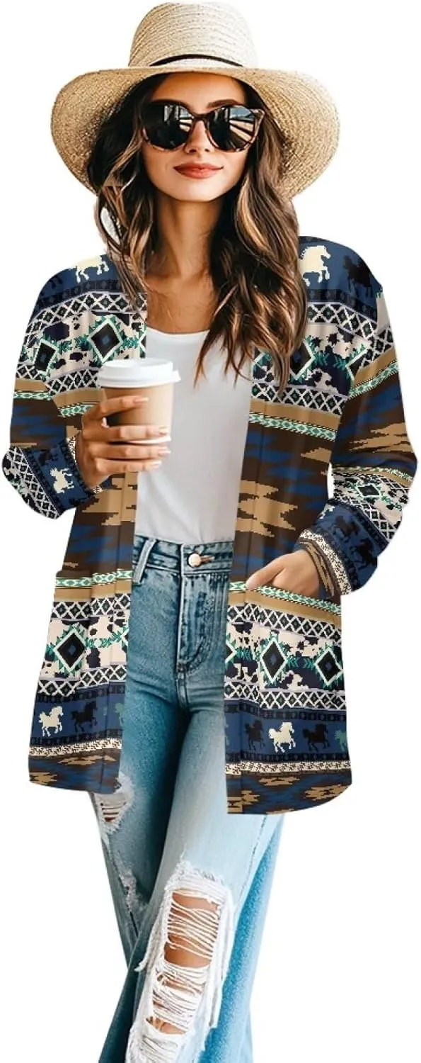Women Open Front Ethnic Style Aztec Cardigan Tribal Aztec Printed Long Sleeve Casual Loose Coat