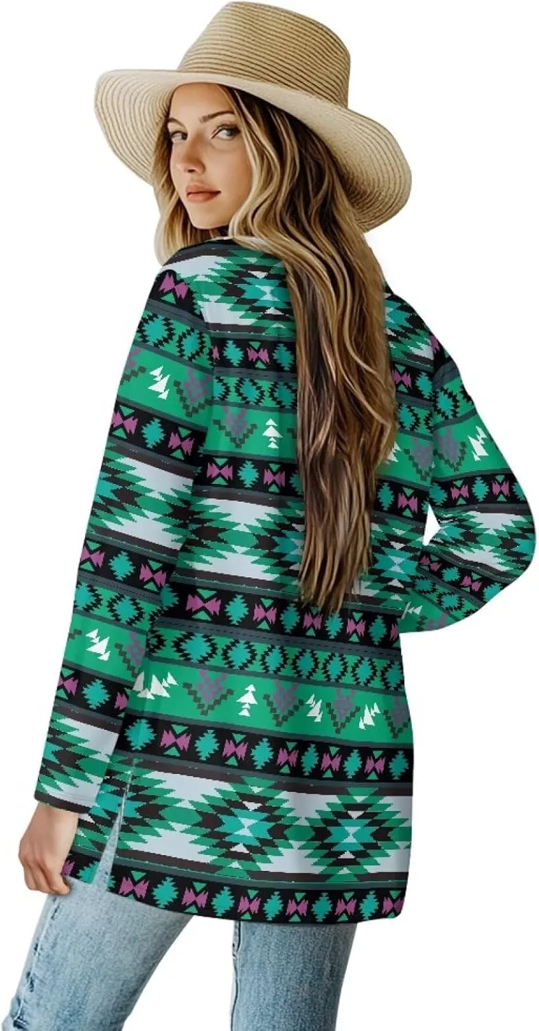 Women Open Front Ethnic Style Aztec Cardigan Tribal Aztec Printed Long Sleeve Casual Loose Coat