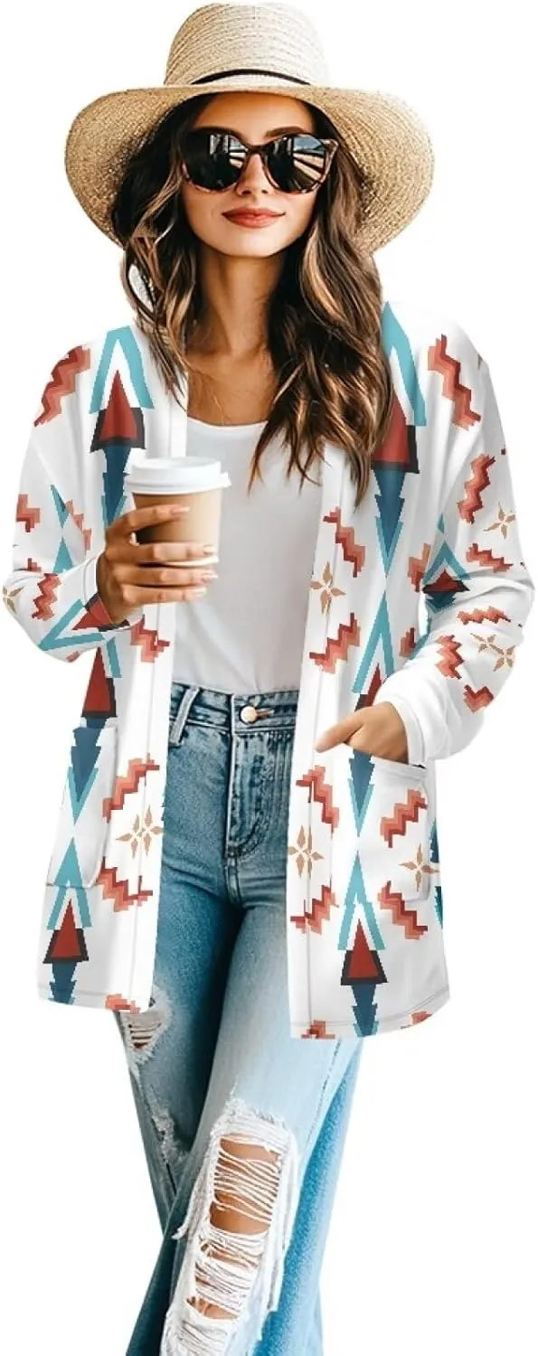 Women Open Front Ethnic Style Aztec Cardigan Tribal Aztec Printed Long Sleeve Casual Loose Coat