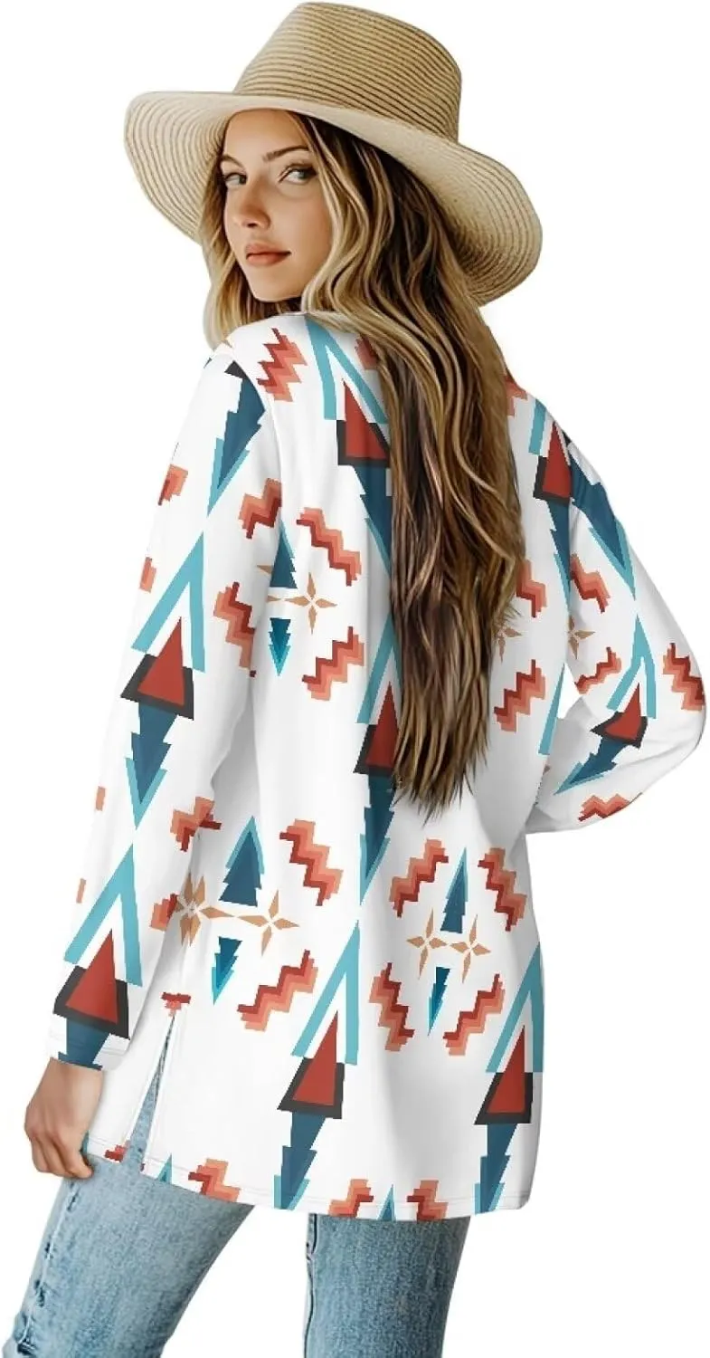 Women Open Front Ethnic Style Aztec Cardigan Tribal Aztec Printed Long Sleeve Casual Loose Coat