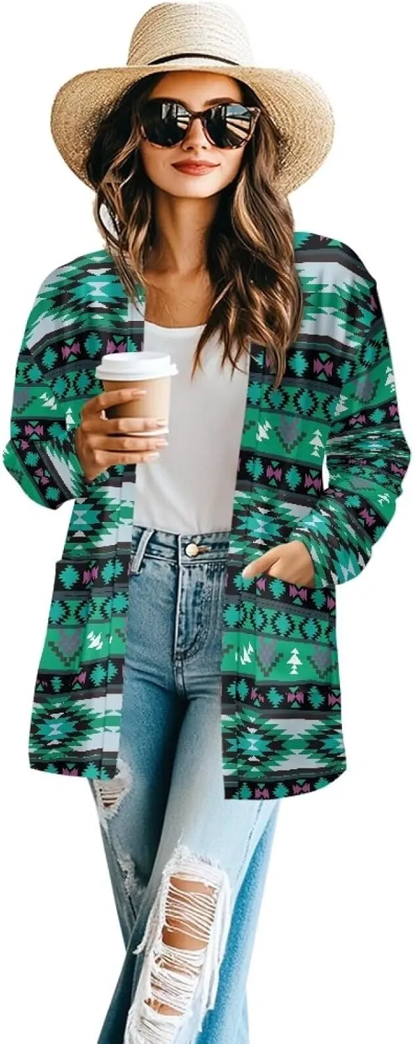 Women Open Front Ethnic Style Aztec Cardigan Tribal Aztec Printed Long Sleeve Casual Loose Coat